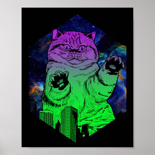 Poster Attaques de catzilla géante Monster Cat Skyline (Devant)