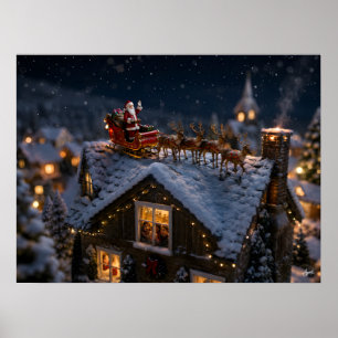 Poster Atterrissage miniature du Père Noël sur un toit