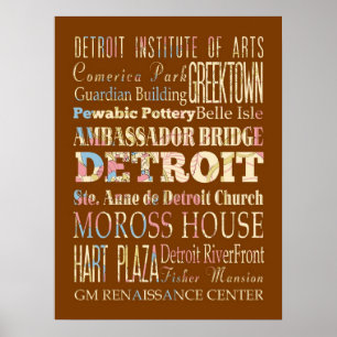 Poster Attractions et lieux célèbres de Detroit, Michigan