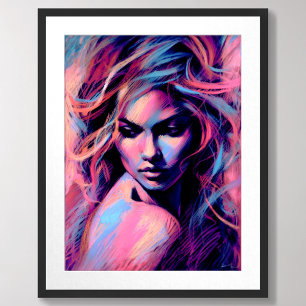 Poster Attractive Femme rose bleu dur dessin pastel
