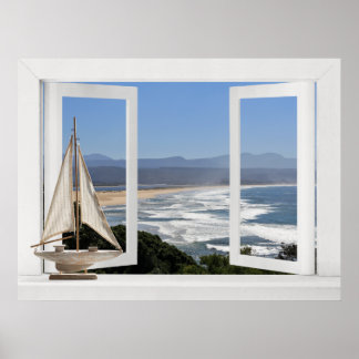 Poster Au bord de l'océan -- Vue de fenêtre ouverte avec