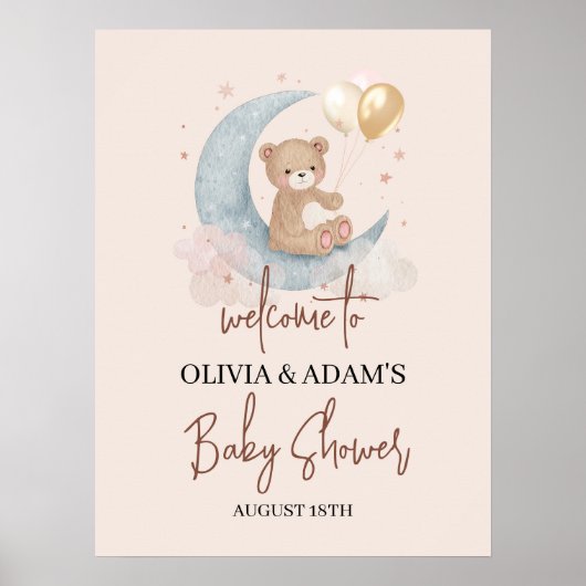 Poster Au-dessus de la lune Teddy Bear Baby shower Affich (Devant)