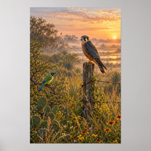 Poster Aube brumeuse du sud du Texas avec un Faucon aplom