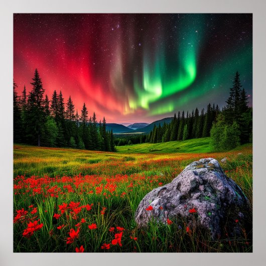 Poster Aurora Borealis illumine une prairie Pittoresque (Devant)