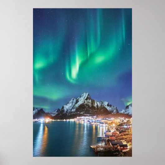 Poster Aurora nuit sur le pont à Reine sur Lofoten (Devant)