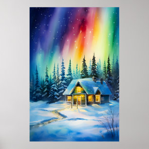Poster Aurore boréale lumière du nord Maison de Noël