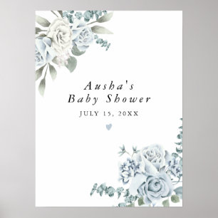 Poster AUSHA Dusty Blue Floral Boy Baby shower Bienvenue