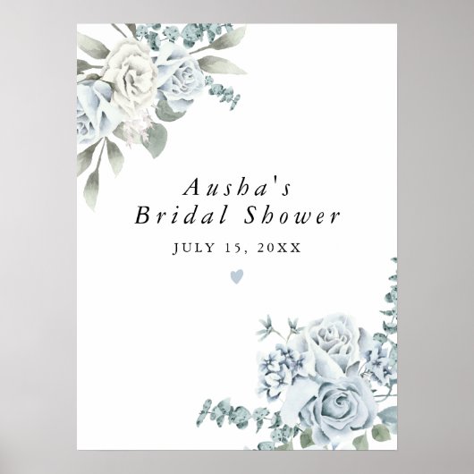 Poster AUSHA Dusty Blue Floral Boy Baby shower Bienvenue (Devant)