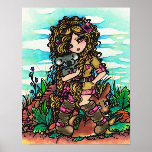 Poster Aussie Girl Koala Kangaroo Art Australie Outback (Devant)