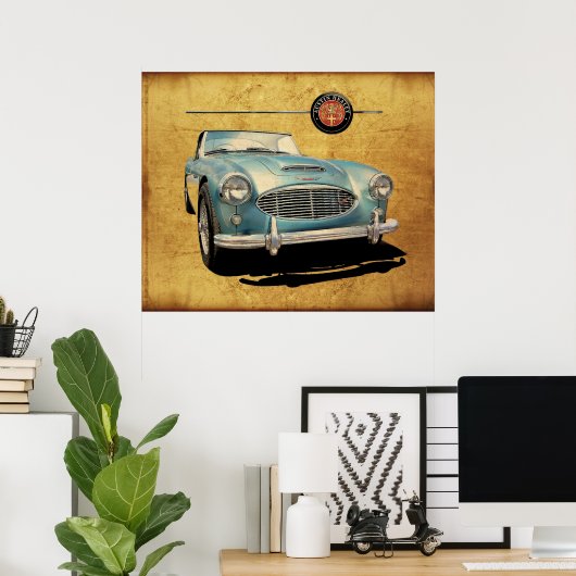 Poster Austin Healey 3000 bleu sur blanc (Bureau à domicile)