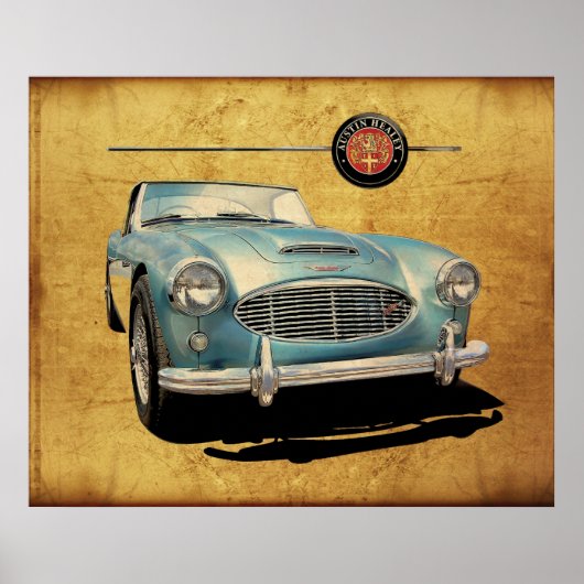 Poster Austin Healey 3000 bleu sur blanc (Devant)