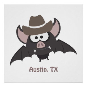 Poster Austin Texas Cute Cartoon Cowboy Bat