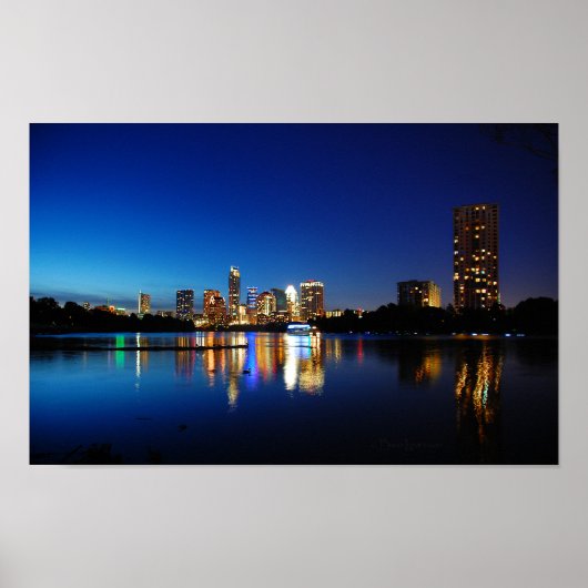 Poster Austin Texas Downtown Night Skyline Ladybird Lake (Devant)