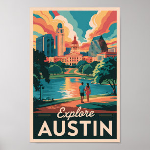 Poster Austin Texas Skyline Travel Art Vintage