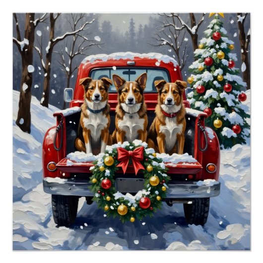 Poster Australian Cattle Dog Christmas Red Truck Holiday (Devant)