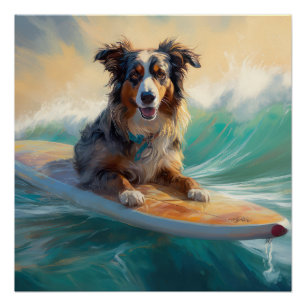 Poster Australian Shepherd Beach Surfing Peinture