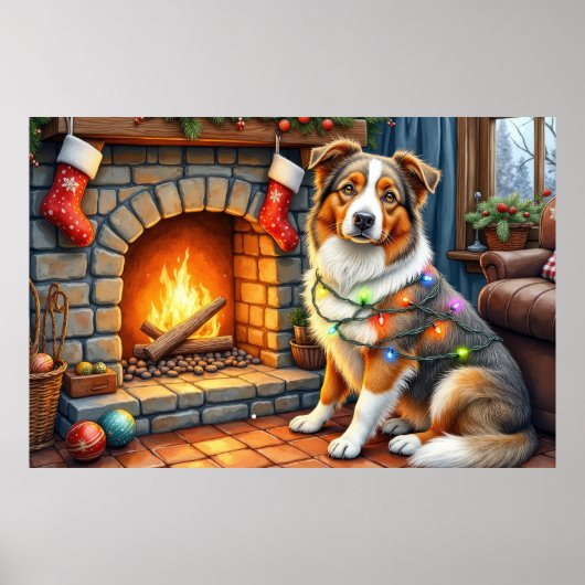 Poster Australian Shepherd Fireplace with Christmas Light (Devant)