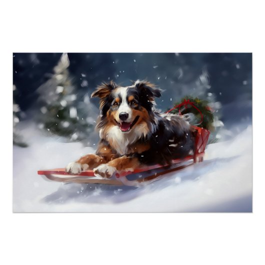 Poster Australian Shepherd hiver neige de Noël (Devant)
