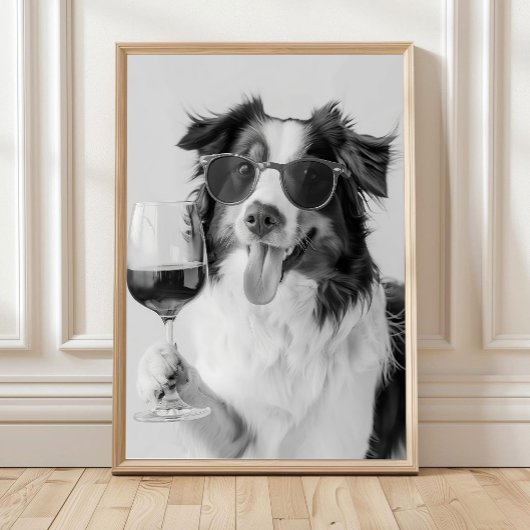 Poster Australian Shepherd Holding Wine Wall Art, Black a