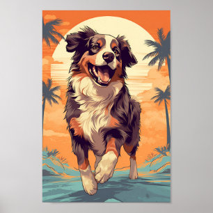 Poster Australian Shepherd sur une plage tropicale