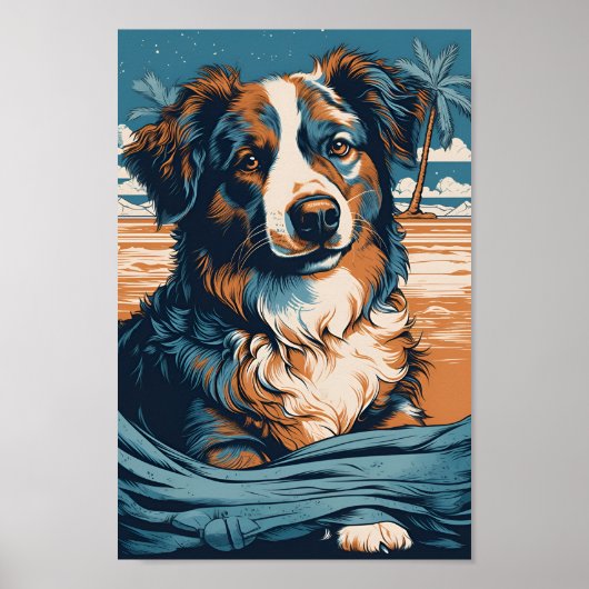 Poster Australian Shepherd sur une plage tropicale (Devant)