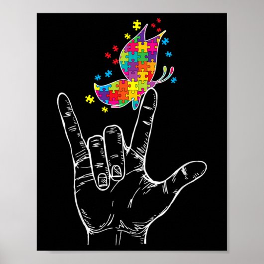 Poster Autism Awareness I Love You Asl Hand Sign Language (Devant)