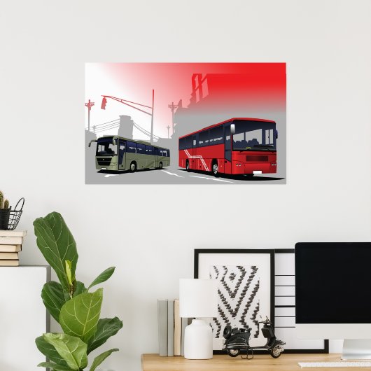 Poster Autobus urbains Red Green Coaches sur Urban Street (Bureau à domicile)