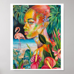 Poster Autocollant Oiseaux et fleurs tropicaux - Orange B