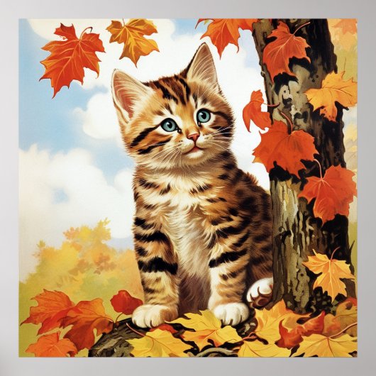 Poster Automne animal chat mou (Devant)