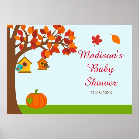 Poster Automne Arbre d'automne et Baby shower aux oiseaux (Devant)