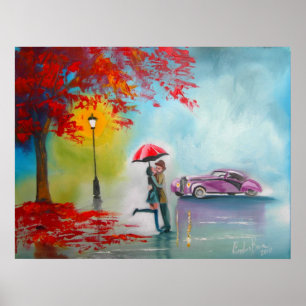 Poster Automne automne pluie jour de baiser couple vintag