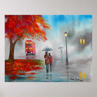 Poster Automne automne pluie jour rouge couple bus