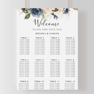 Poster Automne Bleu Or Rose Floral Mariage Carte de siège