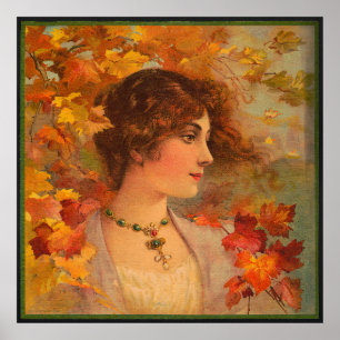 Poster Automne Chromolithographe Portrait Antique
