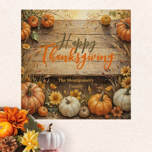 Poster Automne Citrouille Feuille Russe Bois Thanksgiving