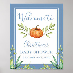 Poster Automne Dusty Blue Citrouille Baby shower Bienvenu