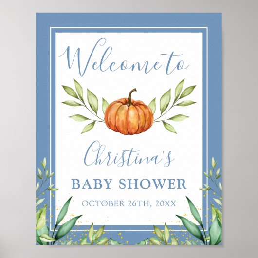 Poster Automne Dusty Blue Citrouille Baby shower Bienvenu (Devant)