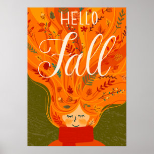 Poster Automne fille Cheveux rouges, feuille