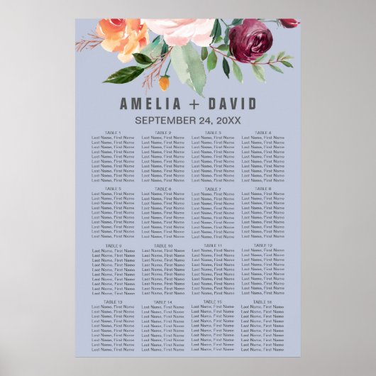 Poster Automne Floral Dusty Blue Seating Chart (Devant)