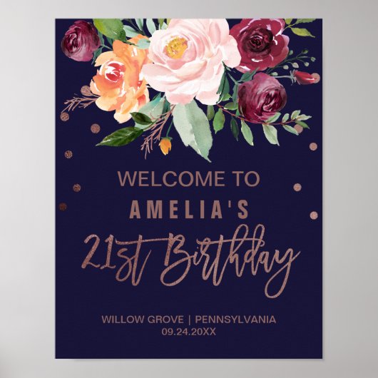 Poster Automne Floral Rose Gold 21e anniversaire Bienvenu (Devant)