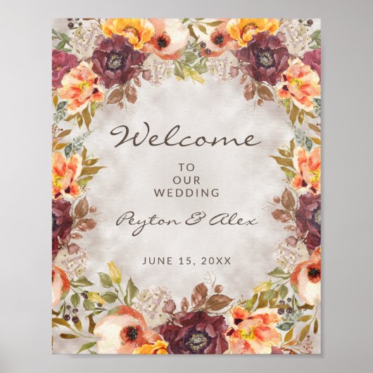 Poster Automne Orange Bourgogne Mariage Floral Bienvenue (Devant)
