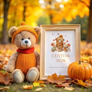 Poster Automne ours en peluche avec Baby shower Citrouill