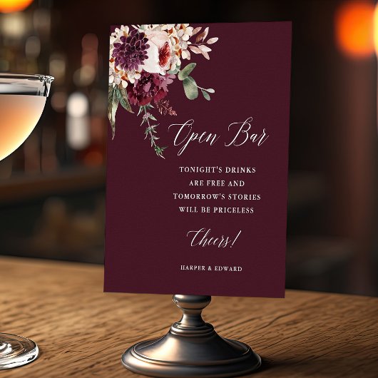 Poster Automne Romance Floral Mariage Open Bar Sign