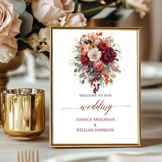 Poster Automne Rouge Floral Feuillage Mariage sur Table 