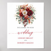 Poster Automne Rouge Floral Feuillage Mariage sur Table  (Devant)