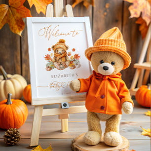 Poster Automne Teddy Ours et Baby shower Citrouille Bienv