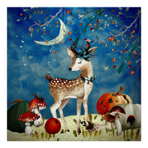 Poster Automne Woodland Friends Deer Forest Illustration