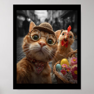 Poster Autoportrait de chat et de poulet Drôles d'oeufs d