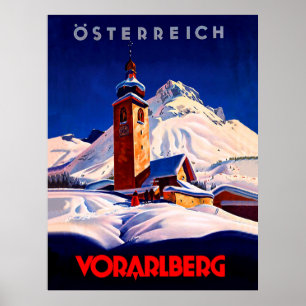 Poster Autriche, Vorarlberg en hiver, voyage vintage