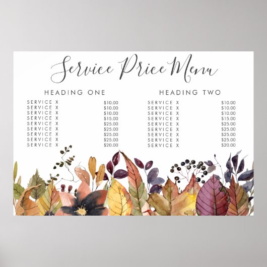 Poster Autumn Fall Service Price Menu Custom Printed (Devant)